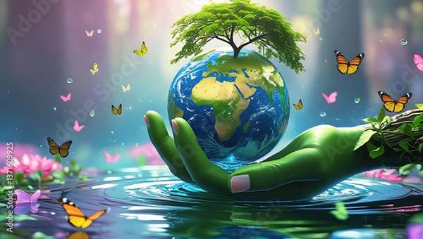 Fototapeta A hand holding a globe with a tree on it