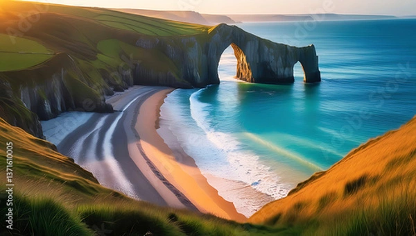 Fototapeta A beautiful beach with a large archway in the distance
