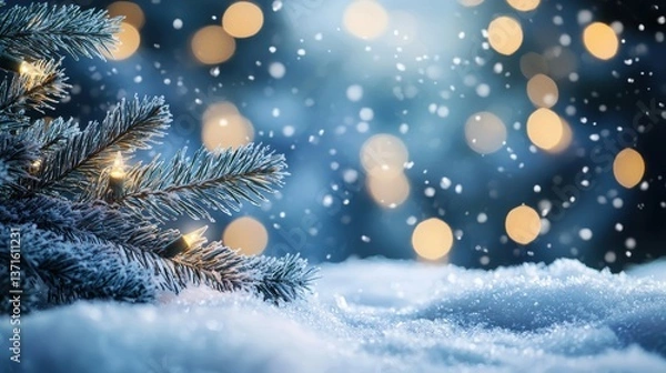 Fototapeta Beautiful winter background image of frosted spruce branches and small drifts of pure snow with bokeh Christmas lights and space for text.