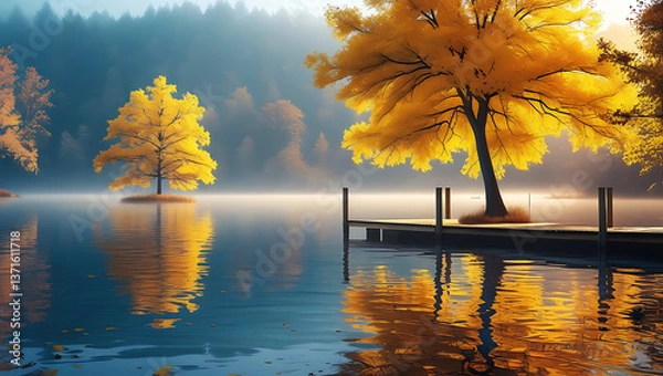 Fototapeta Autumn landscape with a serene lake, trees, and a beautiful sunset reflection