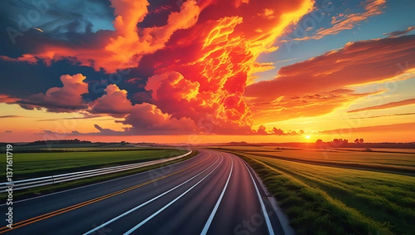 Fototapeta Car driving on an empty highway during sunset with a wide open landscape and scenic sky