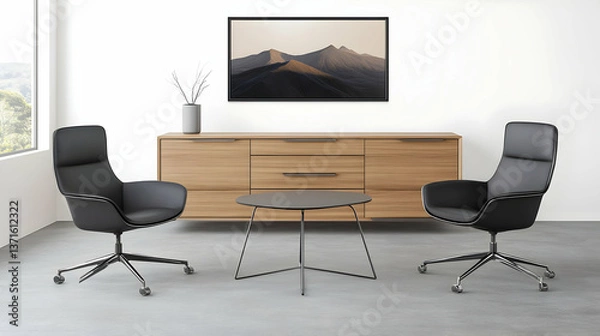 Fototapeta Modern Office Interior With Black Chairs Wooden Cabinet and Table