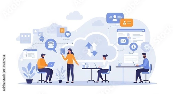 Obraz Cloud Computing Teamwork Collaboration, Vector Flat Design, Generative AI