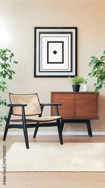 Fototapeta Photo of a Modern Wooden Chair and Cabinet with Plants in a Bright Room Interior