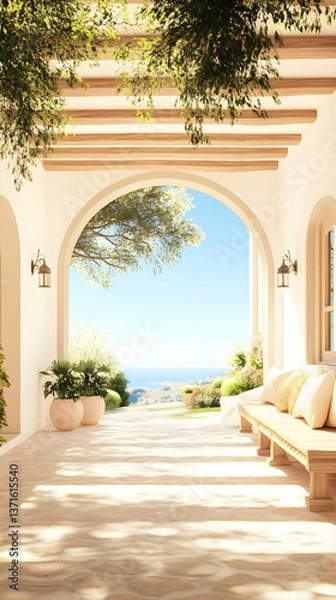 Fototapeta Photo Of A Mediterranean Style Archway With View Of Sea And Plants