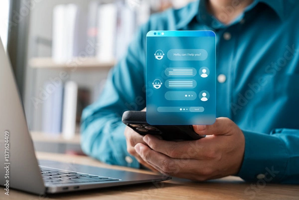 Fototapeta AI Chatbot intelligent digital customer service application concept, computer mobile application uses artificial intelligence chatbots automatically respond online messages to help customers instantly