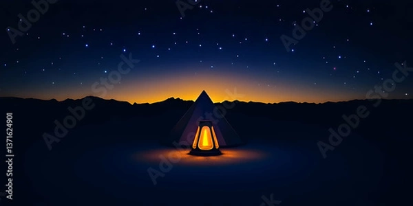 Fototapeta Pixel Art Night Scene Illustration of a Glowing Lantern Under the