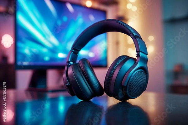 Obraz Neon-Powered Gaming Gear: Stylish Headphones and Monitor in Action