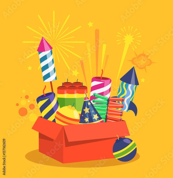 Fototapeta Fireworks and Pyrotechnics in Box on Yellow