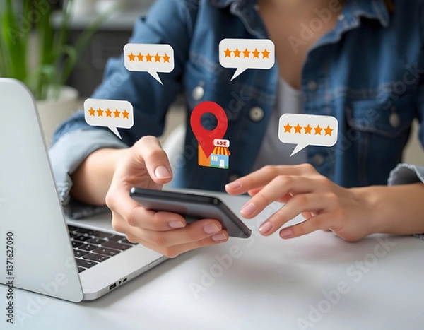 Obraz A close-up of a person holding a smartphone with a digital overlay of a local business icon, including a small shop with a red location pin on top Generative ai
