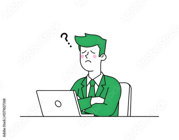 Fototapeta A minimalist digital illustration of a worried businessman sitting at a desk with a laptop, Generative ai