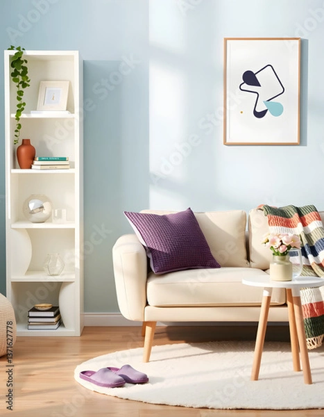 Obraz A stylish and cozy modern living room with a pastel blue wall. A cream-colored curved sofa is adorned with a textured purple pillow and a colorful throw blanket. Generative ai