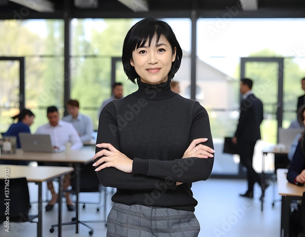 Obraz A confident Asian woman with short black hair and bangs, wearing a dark gray turtleneck sweater and gray trousers. Generative ai