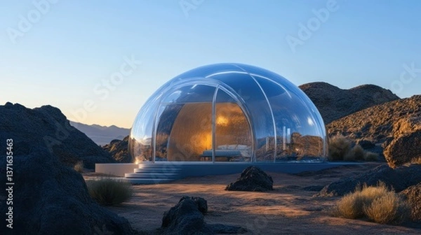 Fototapeta Futuristic transparent dome building with bed inside in a desert landscape.