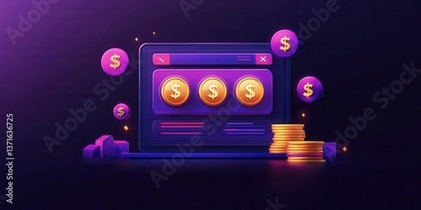 Fototapeta A vibrant illustration of a digital slot machine with dollar signs and coins, representing online gaming and financial themes in a colorful, modern design.