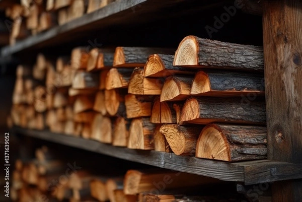 Fototapeta Wooden shelf full of stacked firewood in cozy setting