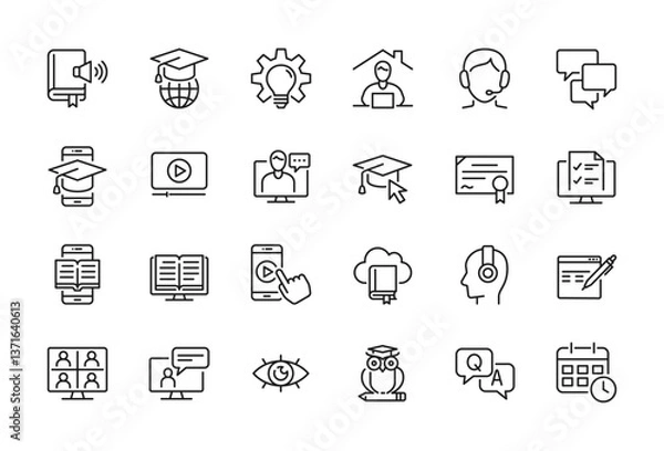 Fototapeta Online Education, E-learning, E-book related minimal thin line icon set - Editable stroke, Pixel perfect at 64x64