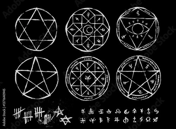 Fototapeta Hand drawn Witchcraft magic circle collection. - Pentagram, Ritual circle, Emblems and sigil occult symbols. - Bloody style for horror game art. - Halloween concept.