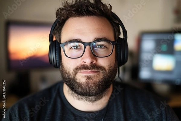 Fototapeta Male game developer wearing headphones, blurred computer screen background, tech-driven and immersive portrait, modern gaming technology