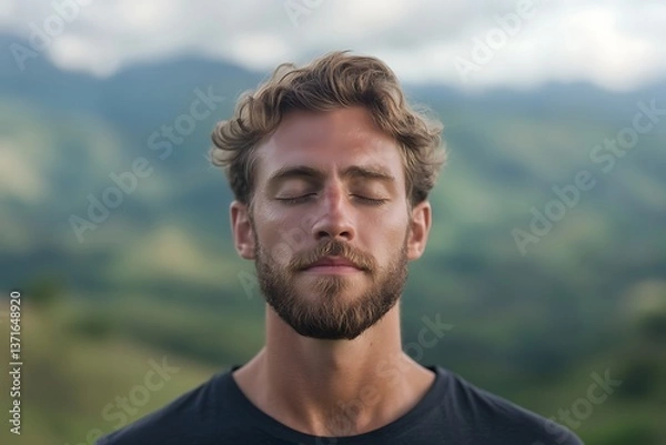 Fototapeta Portrait of male yoga instructor meditating in serene natural landscape background, calm and peaceful meditation --ar 3:2