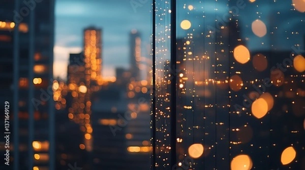 Fototapeta Close-up shot of skyscraper glass panels reflecting city lights, hyper-detailed textures in modern cityscape --ar 16:9