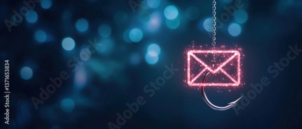 Fototapeta metallic fishing hook with glowing pink email icon symbolizes concept of phishing in digital environment, evoking sense of caution and awareness
