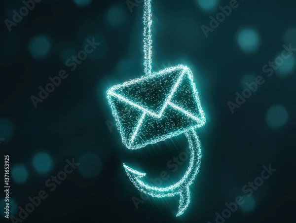 Fototapeta glowing fishing hook with envelope symbolizes phishing, representing online security threats and digital communication risks. This evokes caution and awareness in digital age