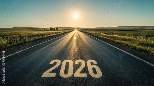 Fototapeta A scenic highway stretching to the horizon with "2026" on the road symbolizing a fresh start, success and endless opportunities in business and growth.