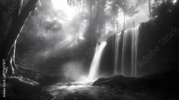 Fototapeta A misty waterfall in a deep jungle, sunlight filtering through ancient trees