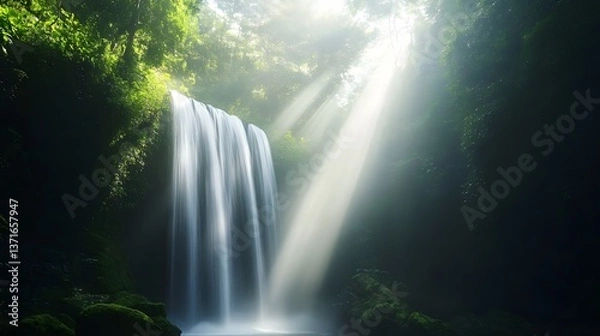 Fototapeta A misty waterfall in a deep jungle, sunlight filtering through ancient trees