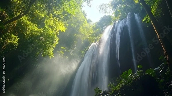 Fototapeta A misty waterfall in a deep jungle, sunlight filtering through ancient trees