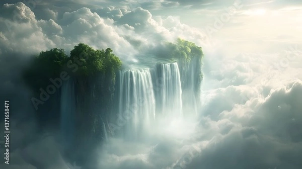 Fototapeta A celestial waterfall flowing from floating islands in the sky, shimmering mist around it