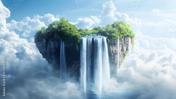 Fototapeta A celestial waterfall flowing from floating islands in the sky, shimmering mist around it