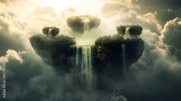 Fototapeta A celestial waterfall flowing from floating islands in the sky, shimmering mist around it