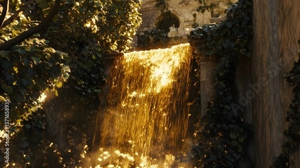 Fototapeta A waterfall made of liquid gold, cascading down ancient ruins covered in vines