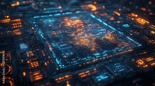 Fototapeta Futuristic Digital World Map Cyberpunk Interface Global Network Security Data Connectivity