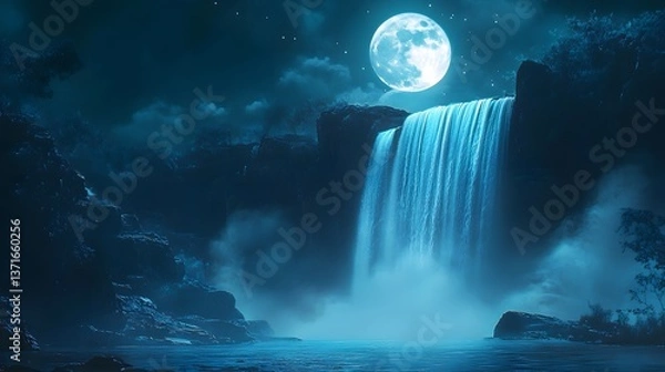 Fototapeta A glowing waterfall under a full moon, with magical energy swirling in the air