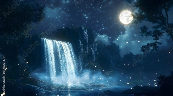 Fototapeta A glowing waterfall under a full moon, with magical energy swirling in the air