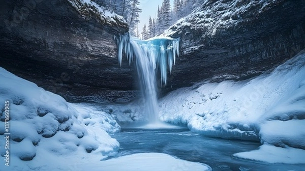 Fototapeta A frozen waterfall in a mystical ice kingdom, sparkling under the northern lights