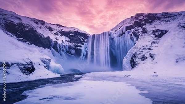 Fototapeta A frozen waterfall in a mystical ice kingdom, sparkling under the northern lights