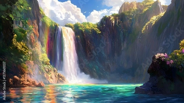 Fototapeta A waterfall with rainbow-colored water, cascading into a crystal-clear lake