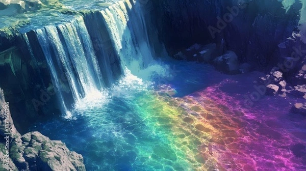 Fototapeta A waterfall with rainbow-colored water, cascading into a crystal-clear lake