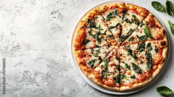 Fototapeta A delicious pizza topped with fresh spinach and cheese, sliced into equal portions on a light-colored surface.