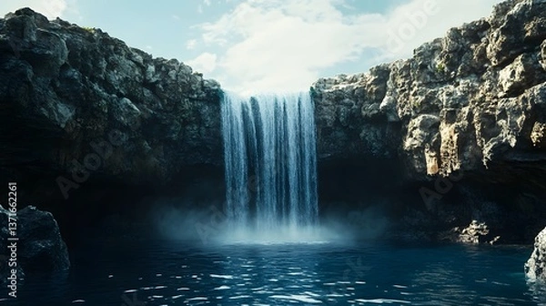 Fototapeta A majestic waterfall plunging into a natural infinity pool overlooking the ocean