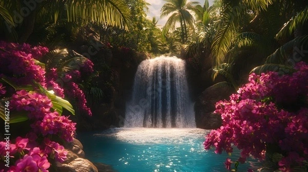 Fototapeta A turquoise waterfall surrounded by palm trees and vibrant orchids