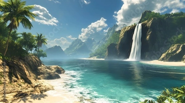 Fototapeta A stunning waterfall on a remote island, with white sandy beaches in the background