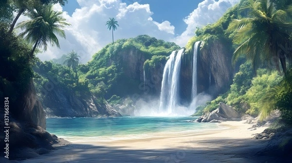 Fototapeta A stunning waterfall on a remote island, with white sandy beaches in the background