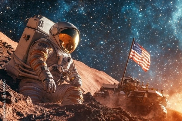 Fototapeta an astronaut planting a flag on Mars with a backdrop of star-studded space, the Mars Rover visible, and the astronaut reflecting in his visor