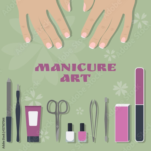 Obraz set of tools and accessories for manicure and two female palms