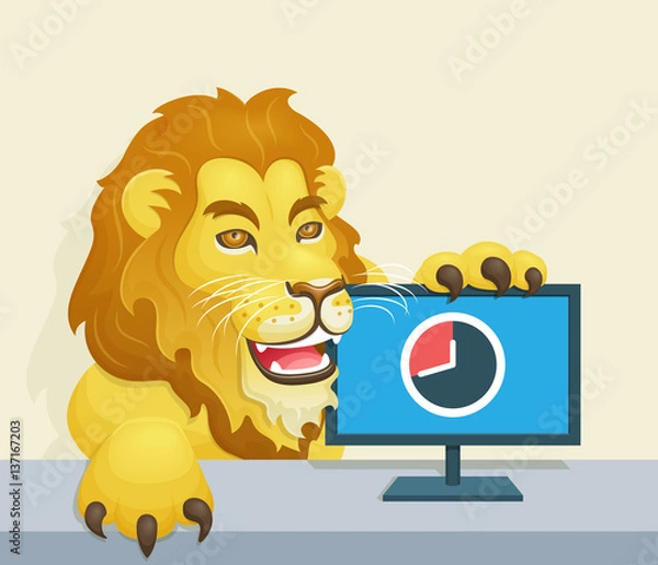 Fototapeta Lew - słynna brazylijska koncepcja podatku dochodowego - lew obok monitora przedstawiający termin składania deklaracji podatku dochodowego